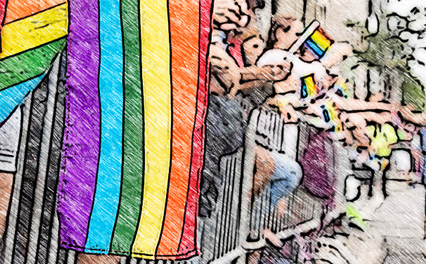 Image of numerous spectators at a parade holding LGBTQ+ Pride flags