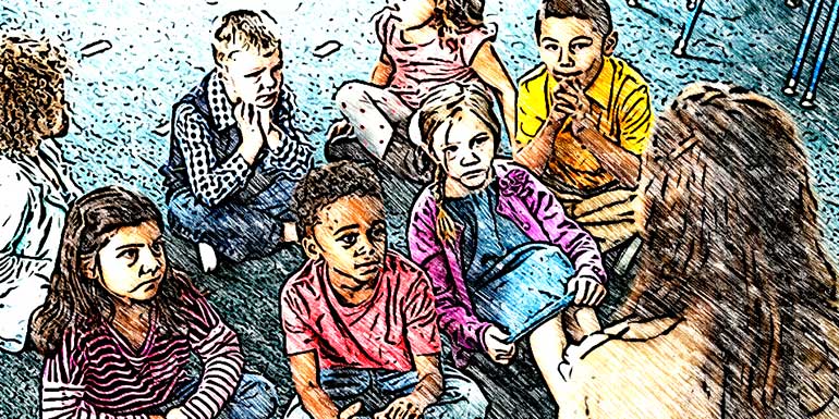 Illustration of students listening to a teacher