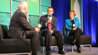 Dean James Ryan's discussion with American Federation of Teachers President Randi Weingarten (right) and writer Walter Isaacson at the Washington Ideas Forum on November 13.