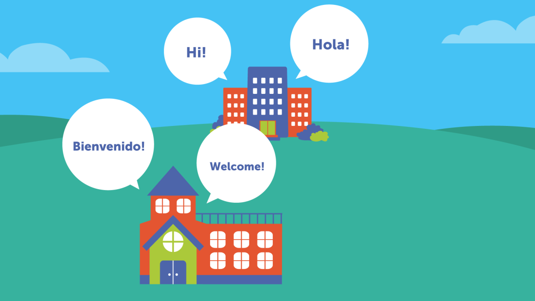Digital illustration of a school with speech bubbles in multiple languages