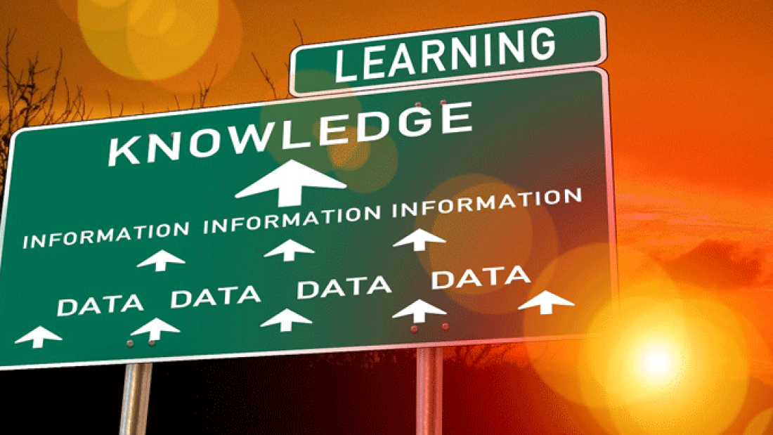 road sign that says data, information, knowledge, learning