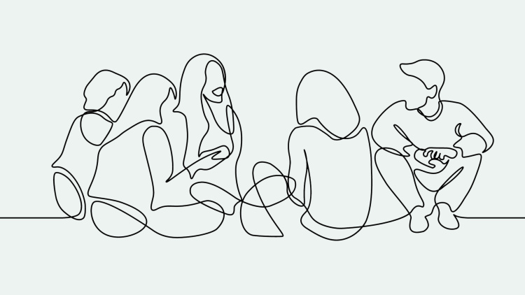 Line drawing of students in conversation