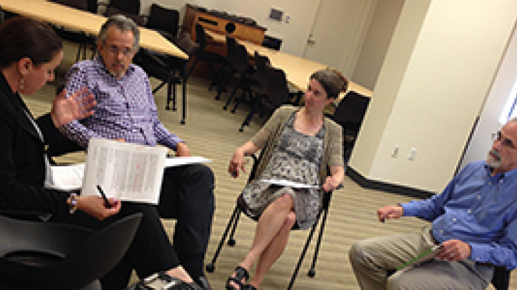 photo of faculty Paul Reville, Heather Hill and Daniel Koretz with Mary Tamer of Usable Knowledge