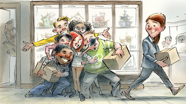 illustration of a teacher with kids posing for a selfie in front of display case