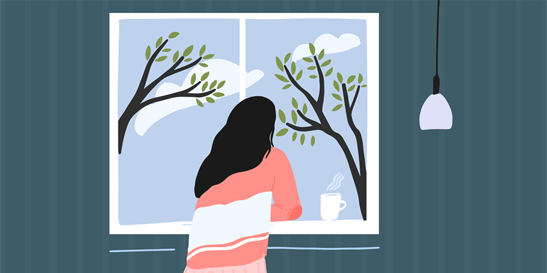 Illustration of girl staring out window