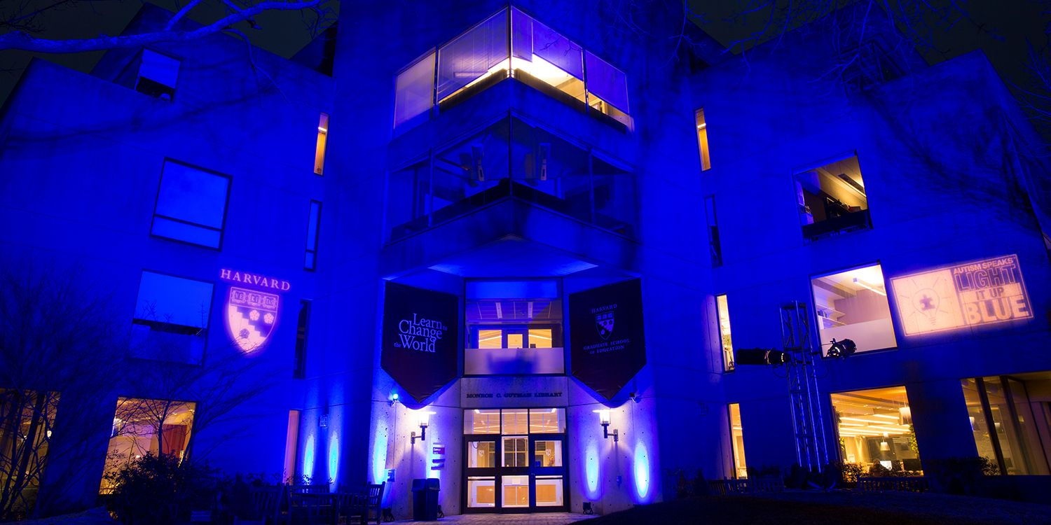 Gutman Library Lighted Up Blue