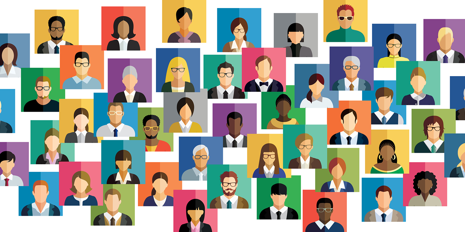 Multicolored boxes with people