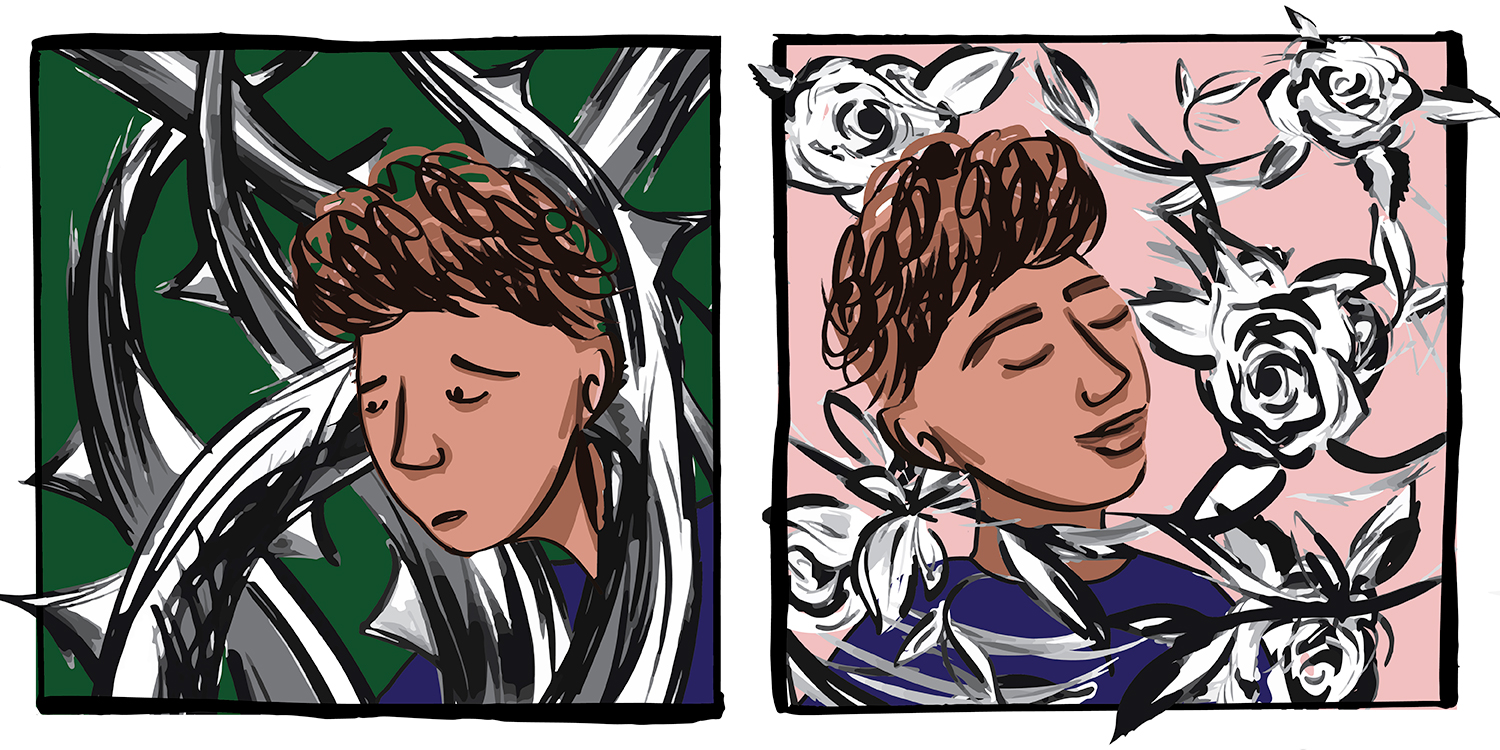 Comic strip illustrations of a teen trapped in thorns then a teen surrounded by roses 