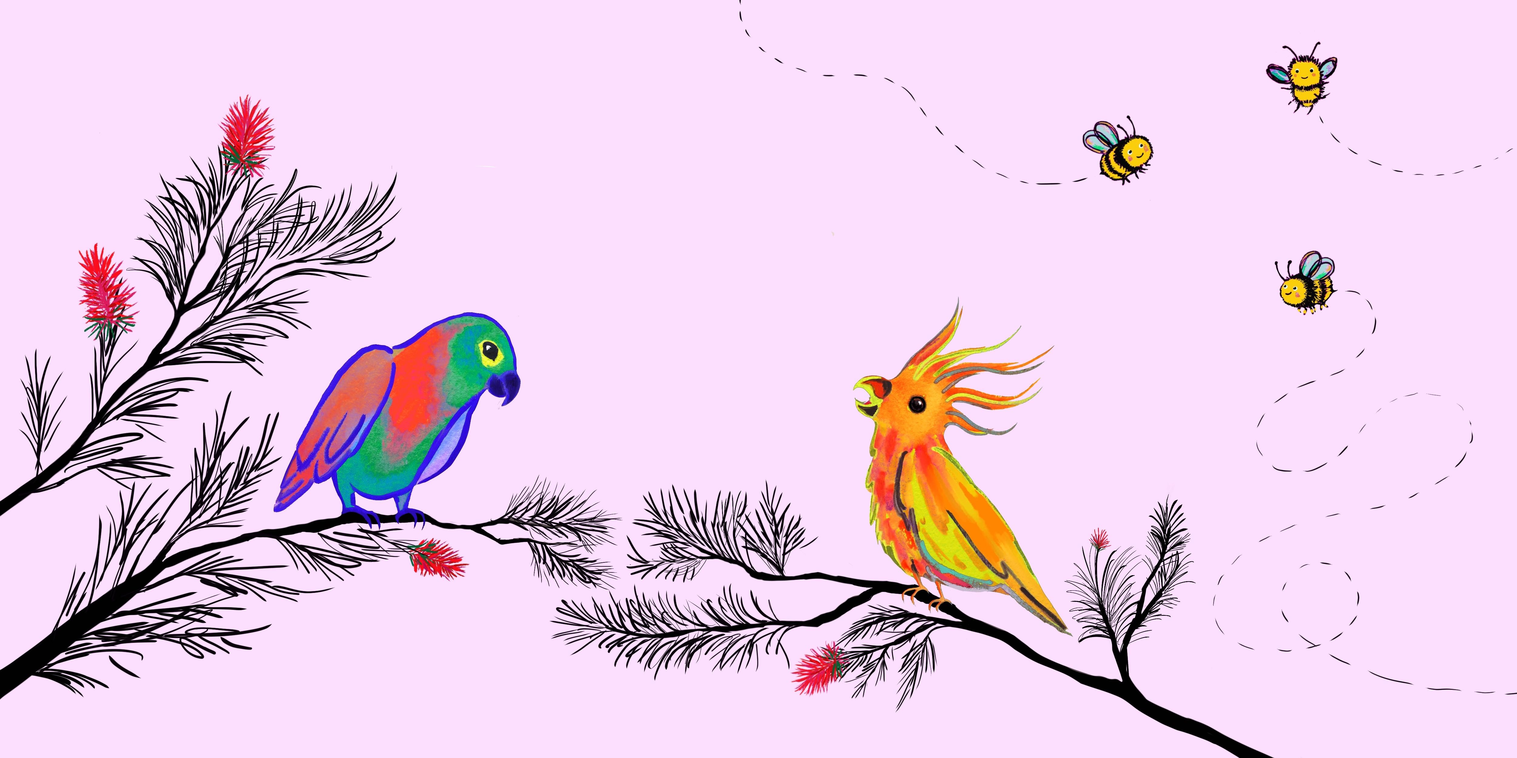 colorful drawing of birds and bees against pink background