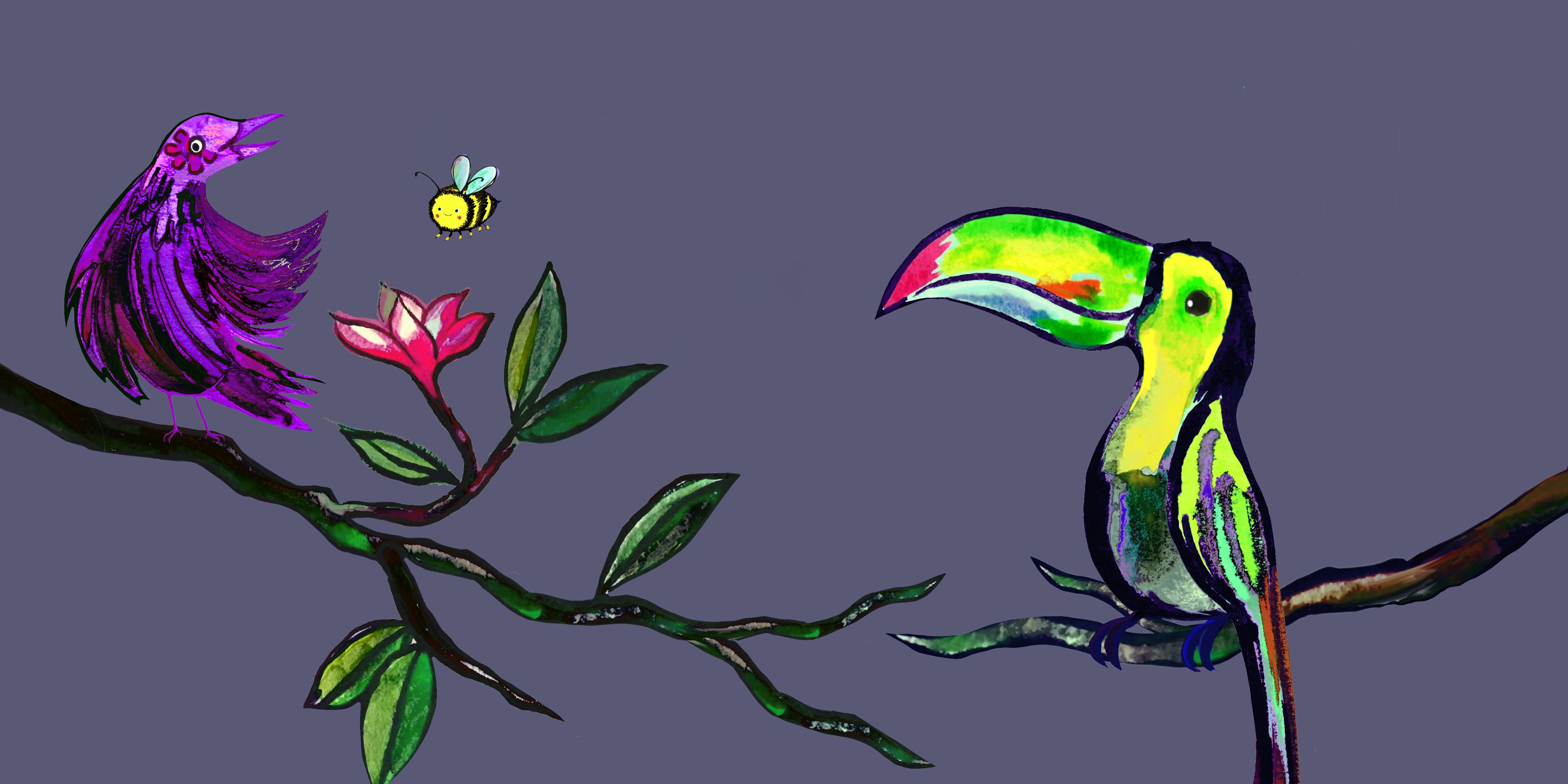 drawing of two brightly colored birds on a branch, with a bee near flower