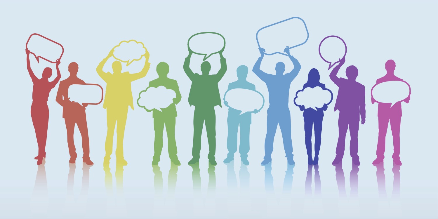 graphic illustration of group silhouettes holding speech bubbles