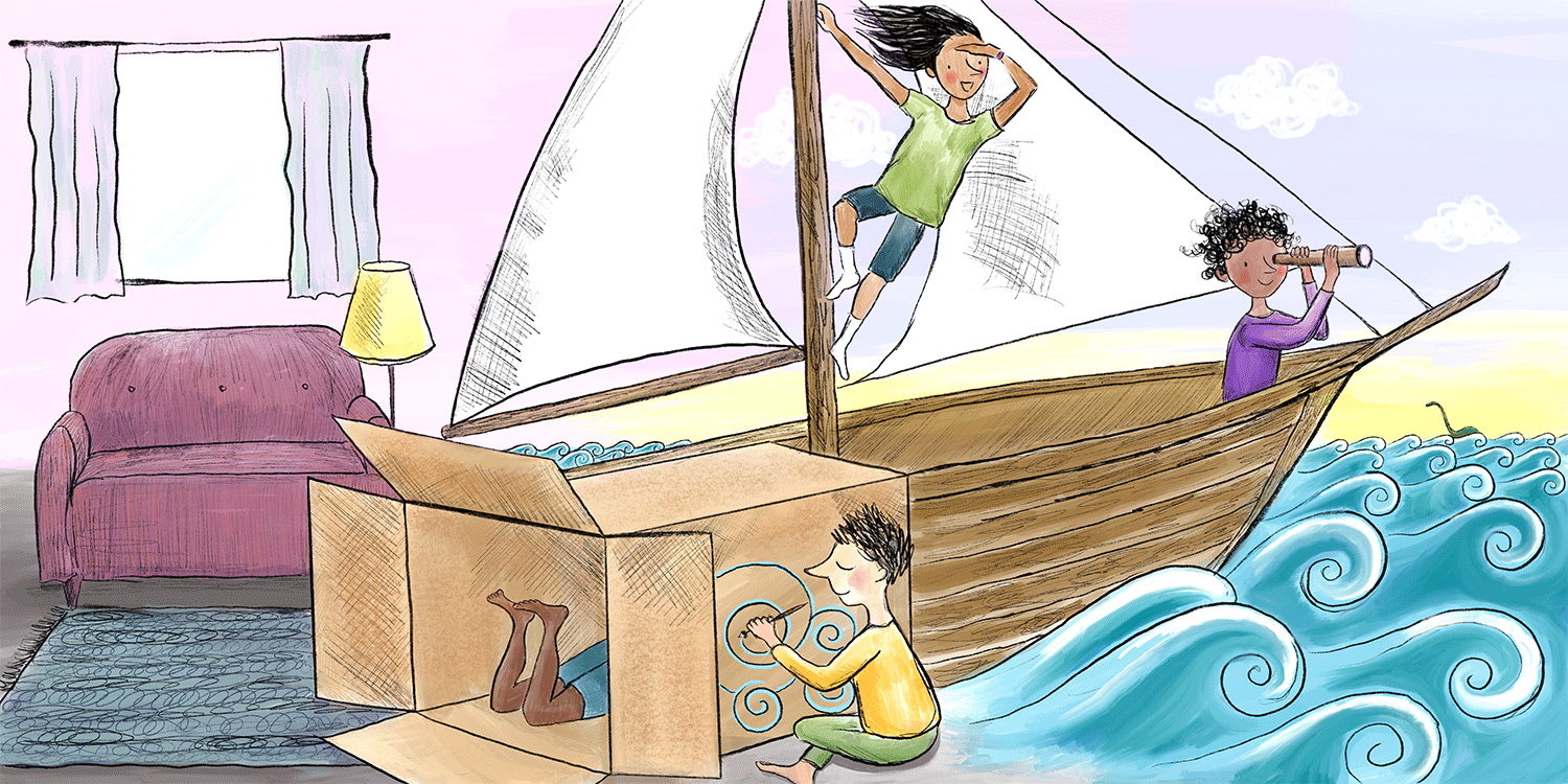 illustration of imaginary play, turning a box in the living room into a sailboat