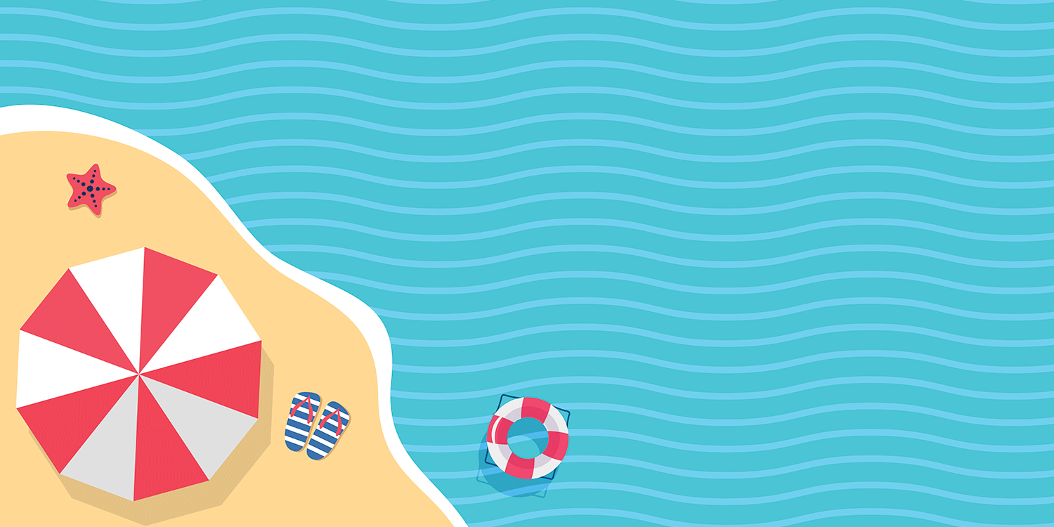 simple illustration of a beach with umbrella, flip flops, and buoy