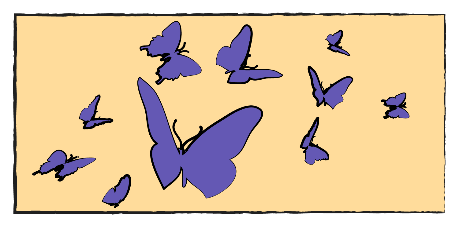 An illustration of purple butterflies on a yellow background