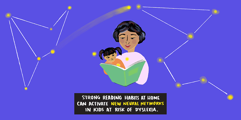 Illustration of a mother reading to a child; over their heads, a shooting star connects a constellation on the left side with a constellation on the right side