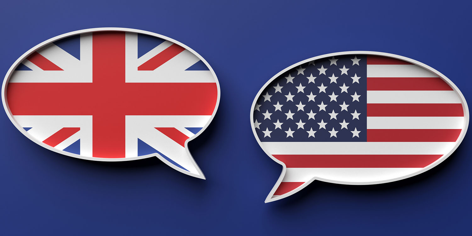 UK and US flags in speech bubbles