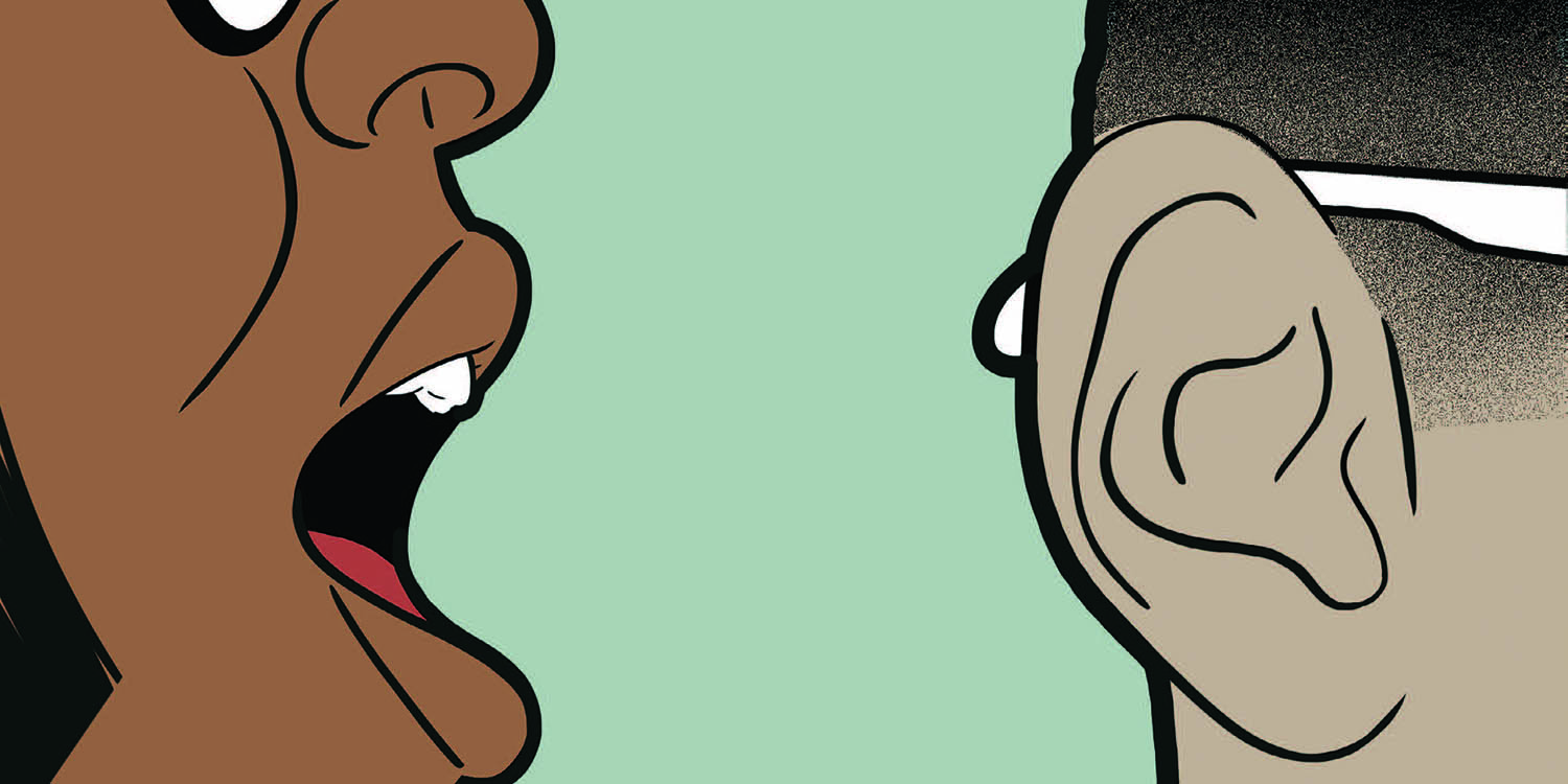 Illustration of a person speaking into another's ear