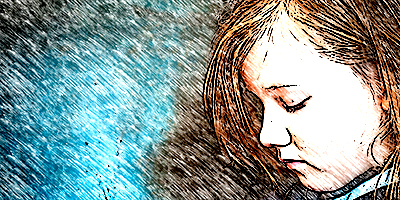 photo illustration of a young girl against a blue background, looking down, sadly