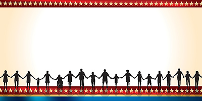 illustration depicting silhouette images of people holding hands, with stars along the border