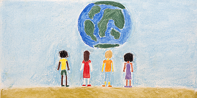crayon drawing of children and the earth