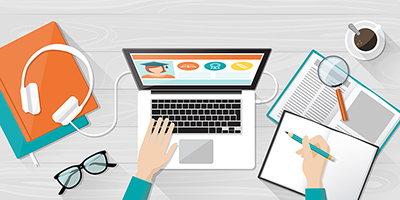 illustration of hands over a laptop computer with image of graduate on the screen