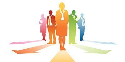illustrated rainbow-colored silhouettes of people, with arrows under their feet pointing in different directions