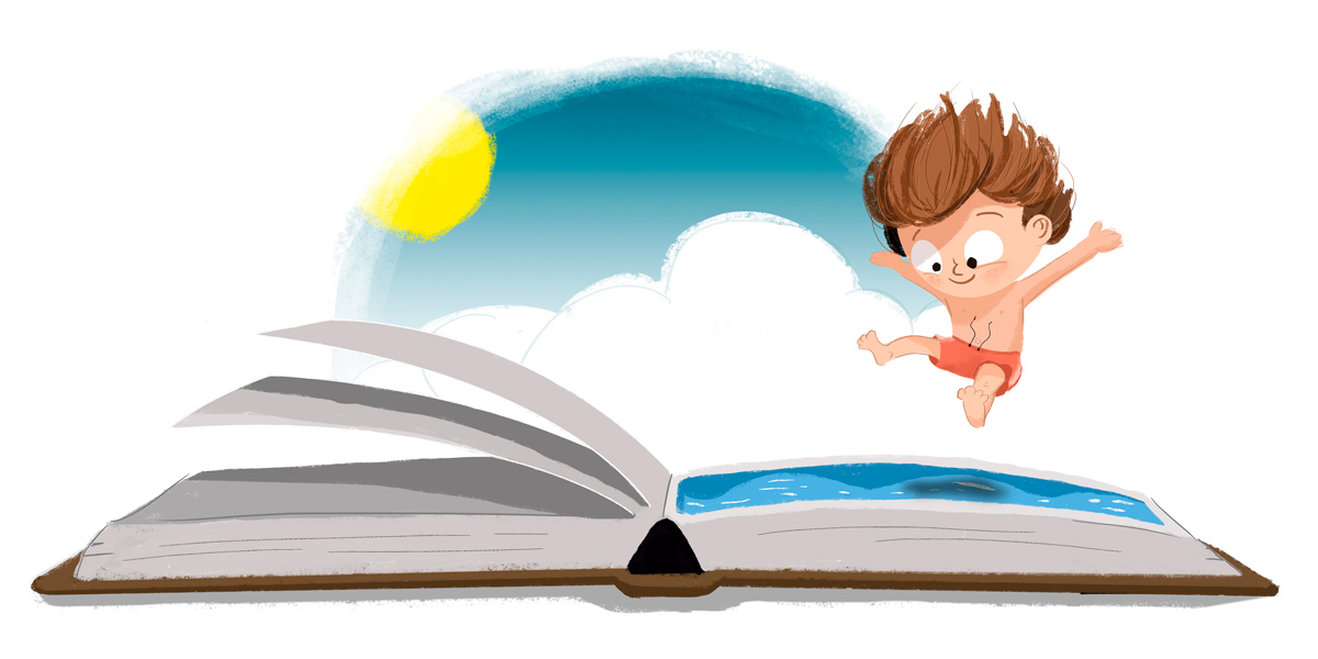 An illustration of a boy in a bathing suit jumping into a book