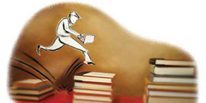 Illustration, person hopping stacks of books