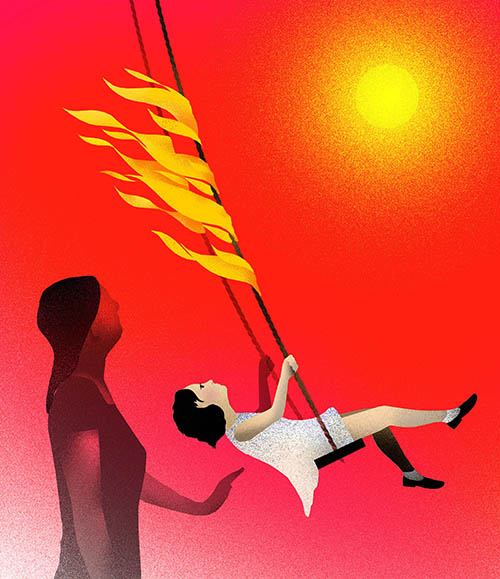 Illustration of child on swing with red sky Illustration of child on swing with red sky