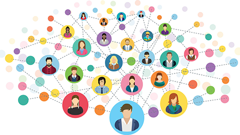 A graphic showing illustrated people connected in a network.
