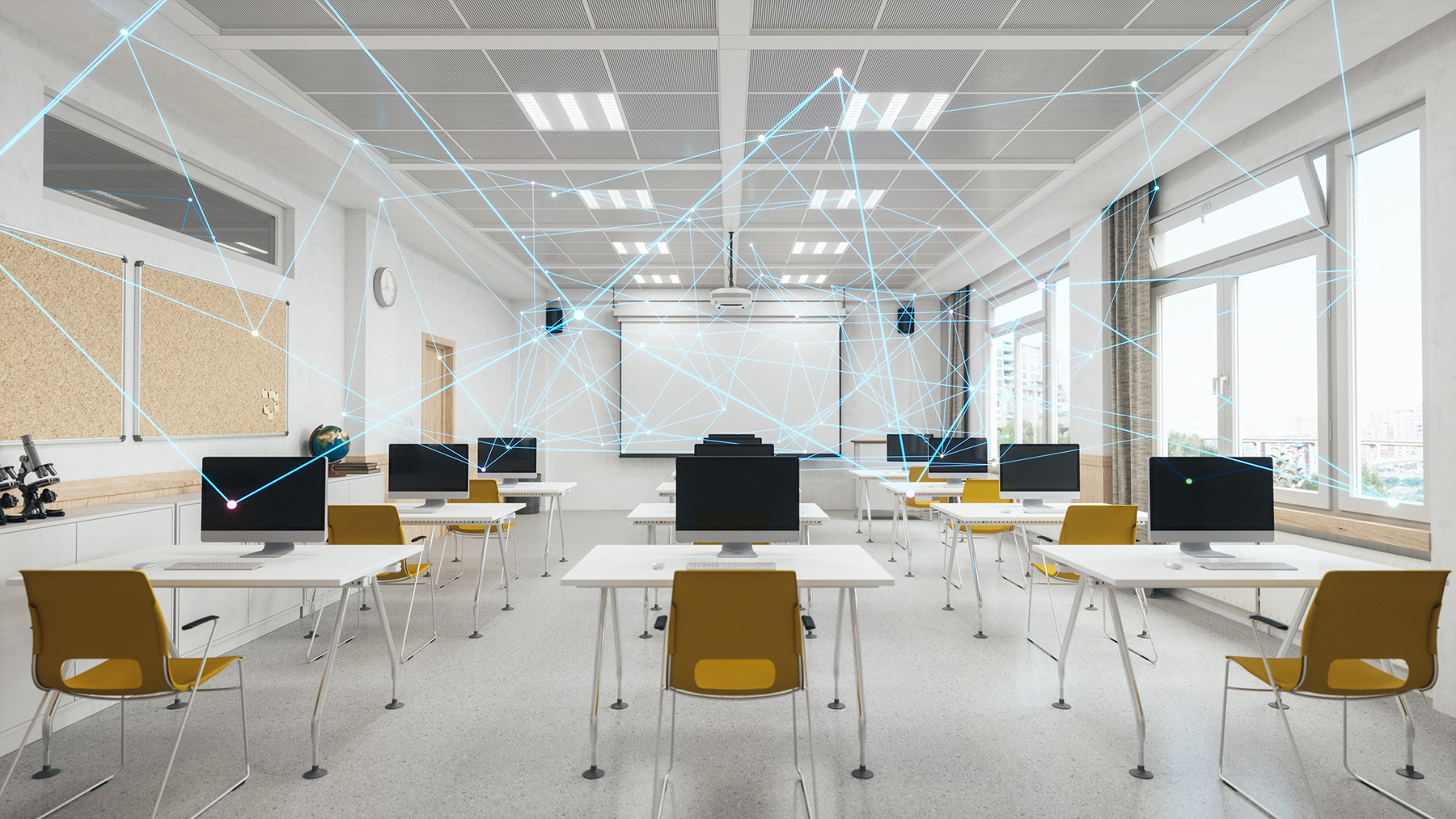 Classroom with AI illustration overlay