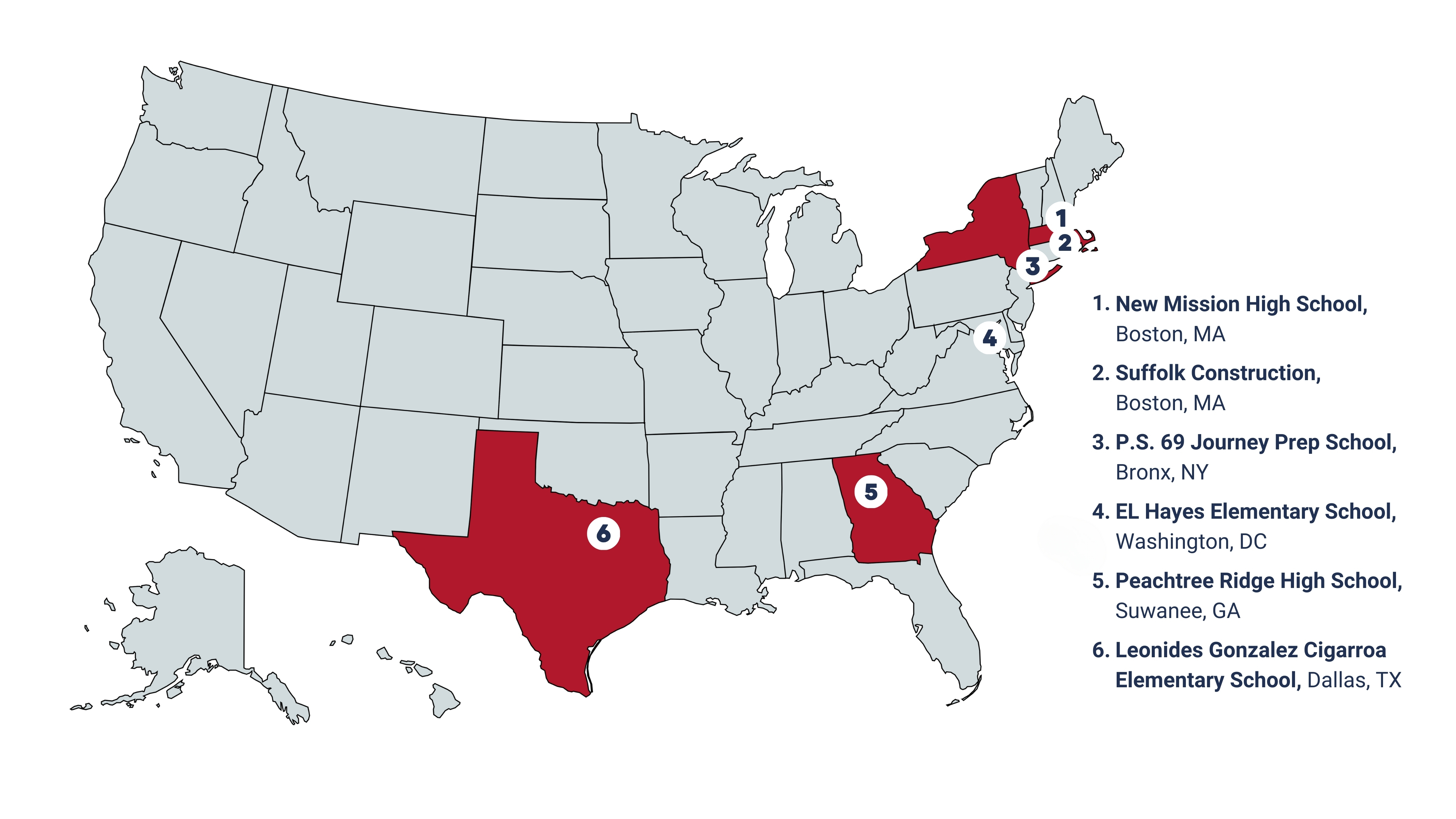 Map of case studies in the US: New Mission High School in Boston, MA, Suffolk Construction in Boston, MA, P.S. 69 Journey Prep School in Bronx, NY, EL Hayes Elementary School in Washington, DC, Peachtree Ridge High School in Suwanee, GA, and Leonides Gonzalez Cigarroa Elementary School in Dallas, TX