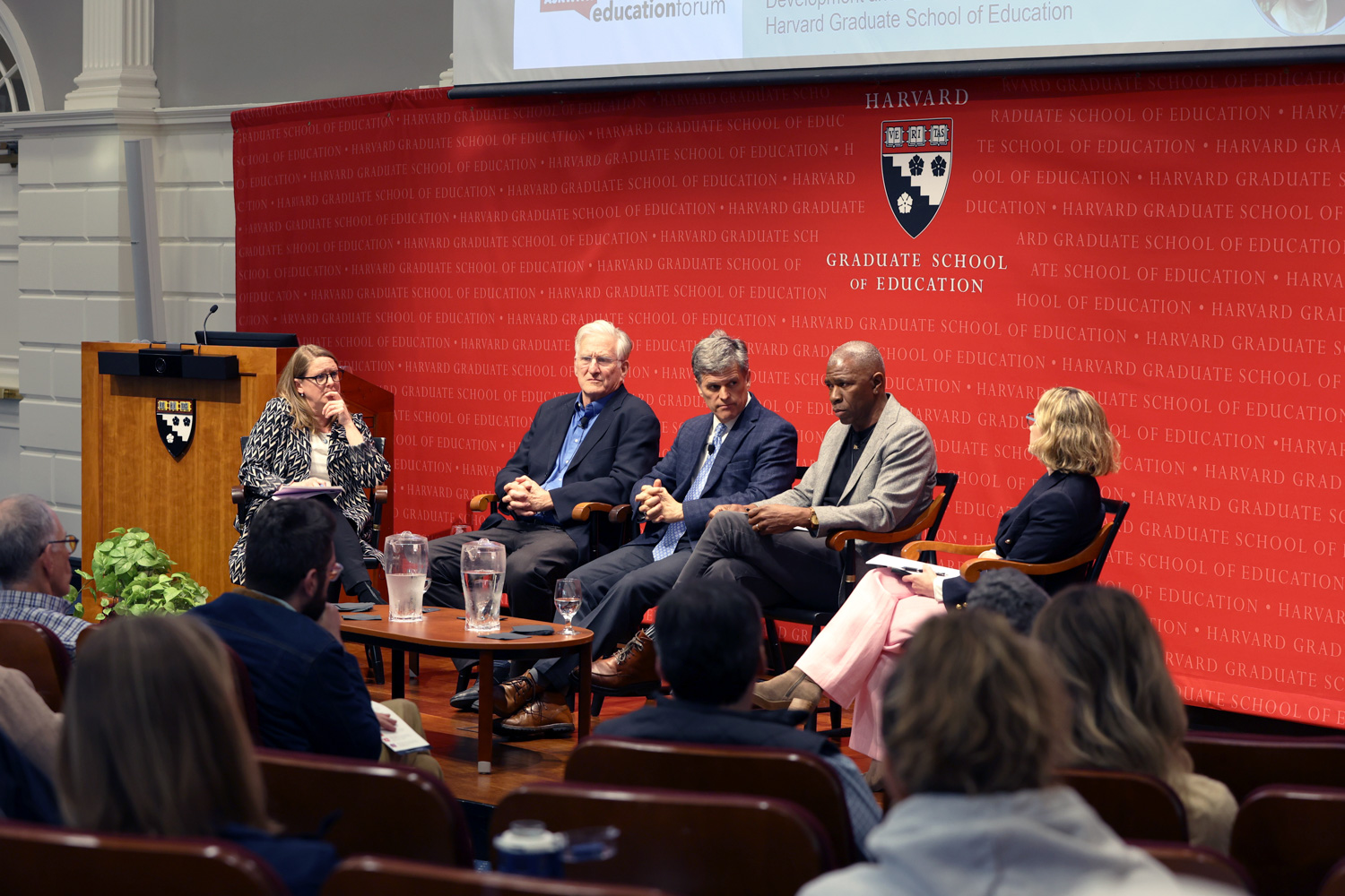 From left to right: Stephanie Jones, Richard Weissbourd, Tim Shriver, Shawn Ginwright, Sam Johnston on stage at the Askwith Education Forum