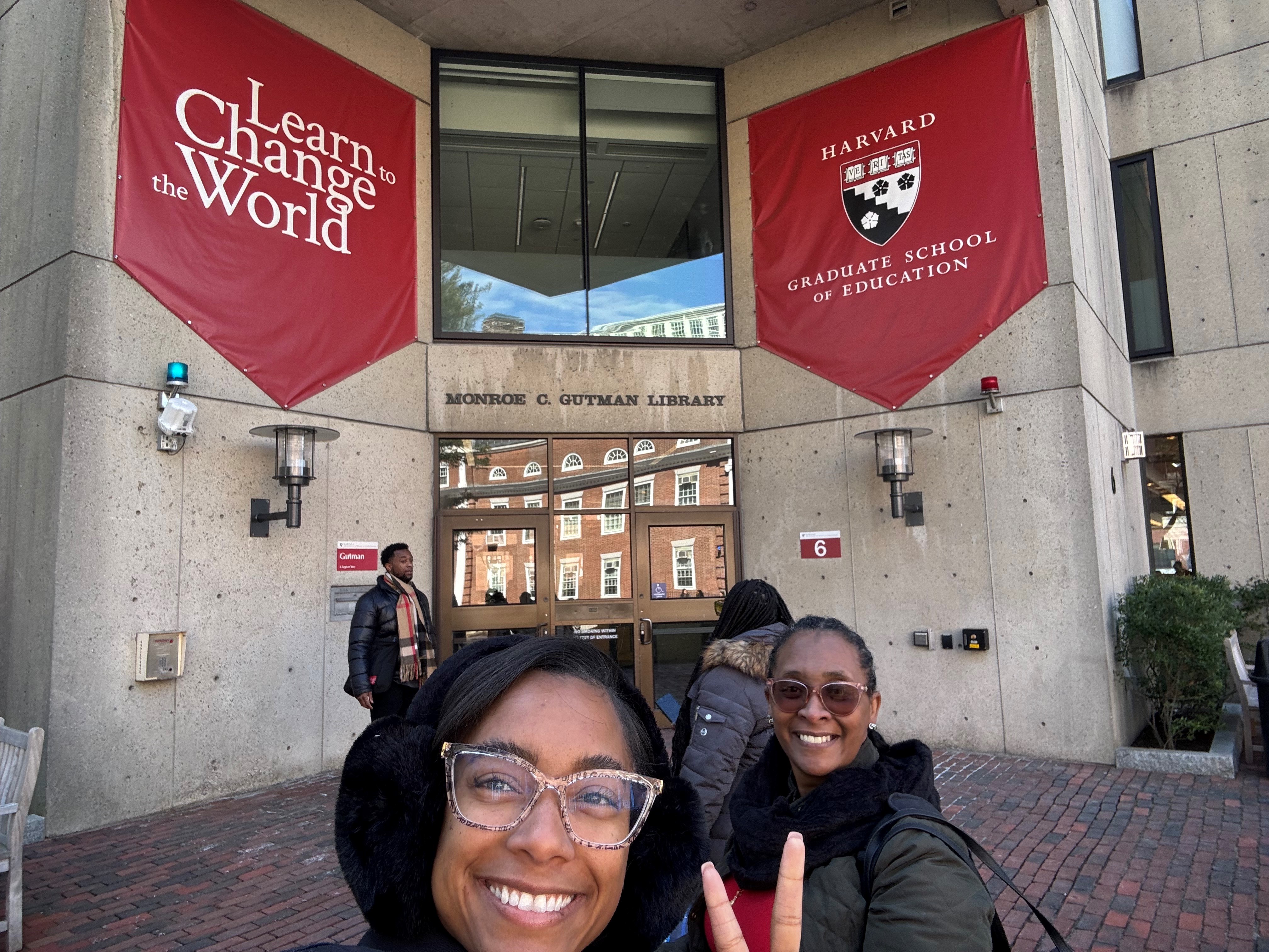 Photo of Alexis Lassiter outside of Gutman Library with her mom