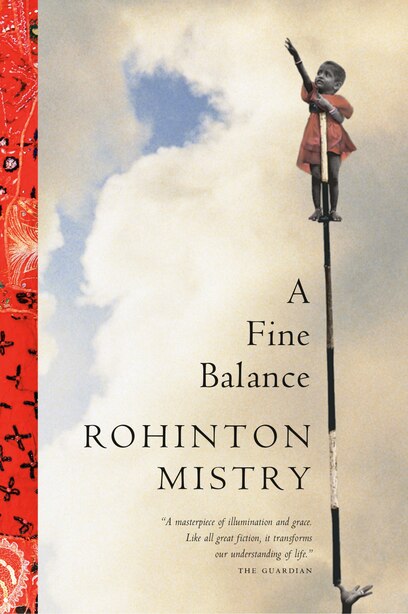 Cover of "A Fine Balance" featuring a young boy standing on top of a pole
