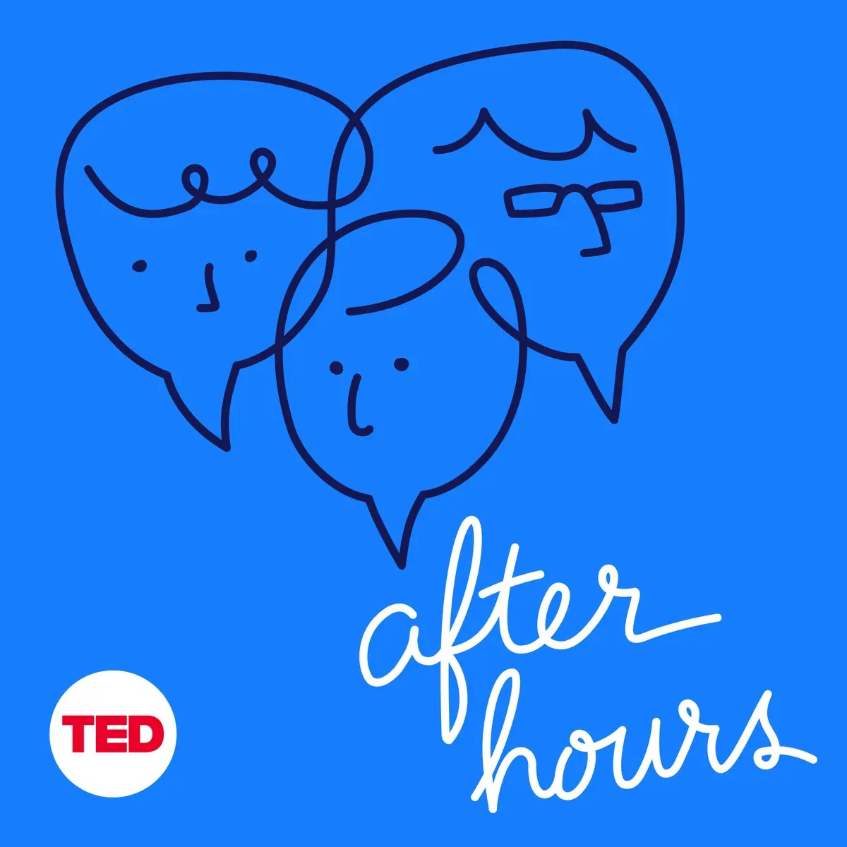 Illustration of three fine line faces on a blue background with the text "After Hours"
