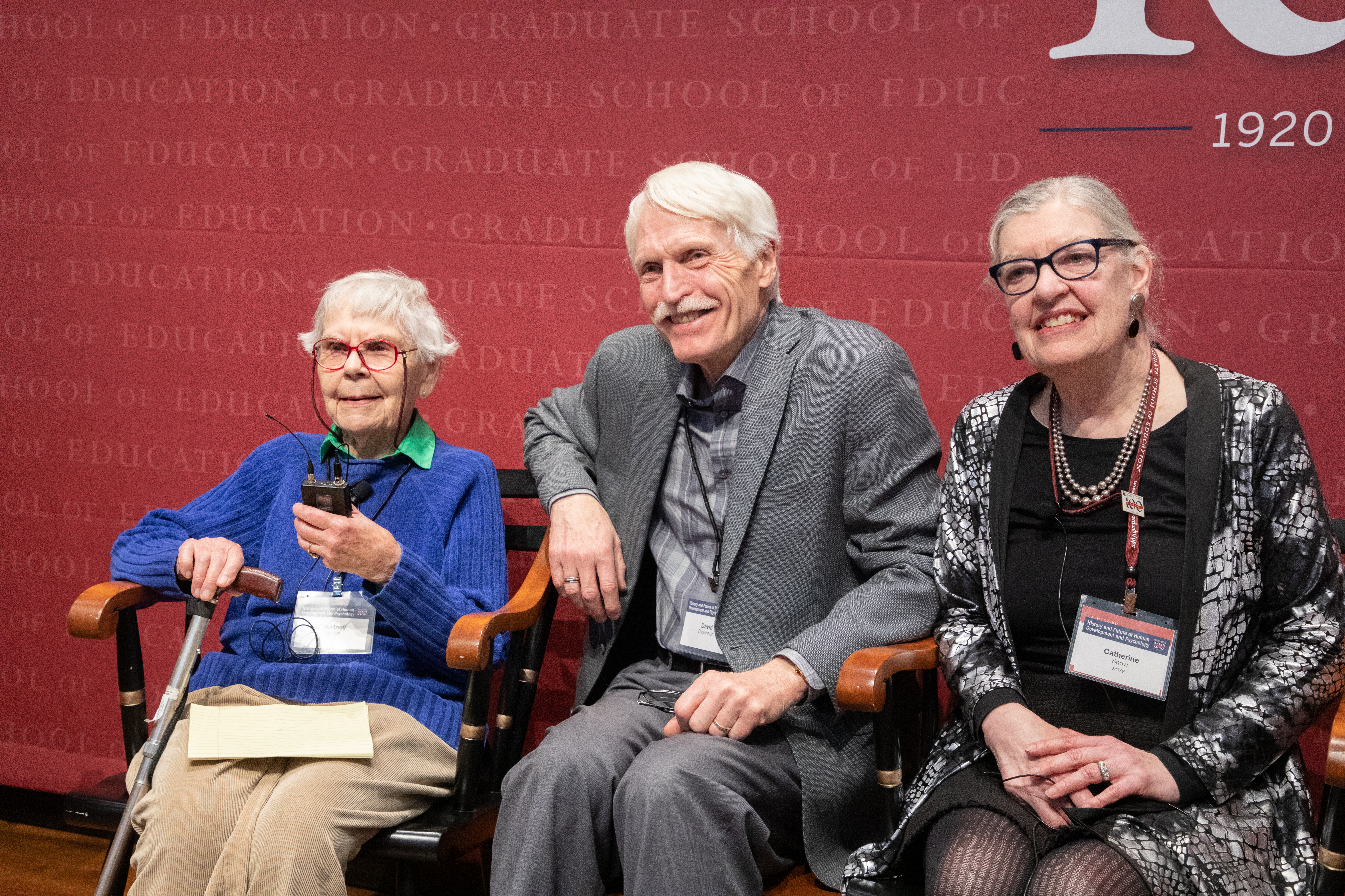 Courthey Cazden, David Dickinson, and Catherine Snow, at HGSE's Human Development and Psychology Event in 2020