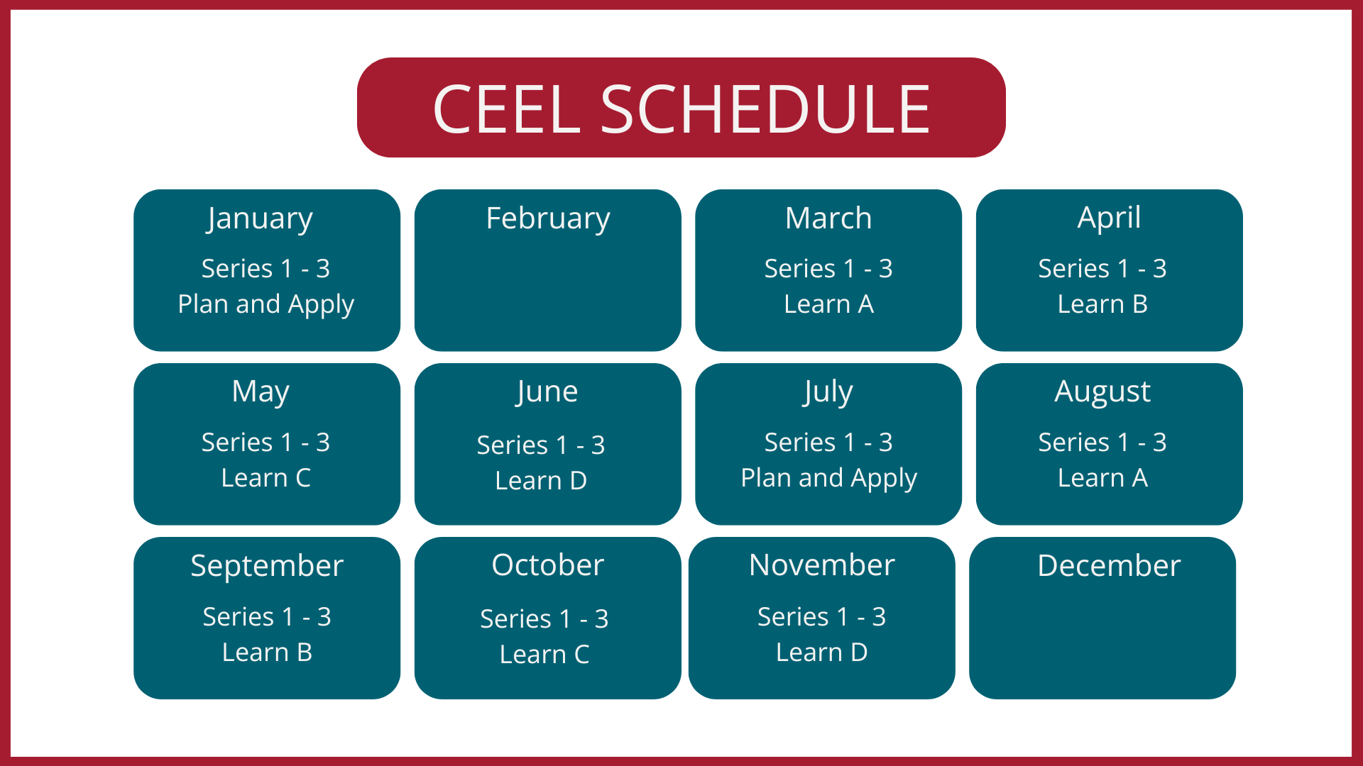 CEEL module schedule that indicates what modules run during which months