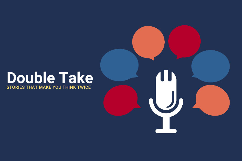 Logo for DoubleTake with microphone and thought bubbles