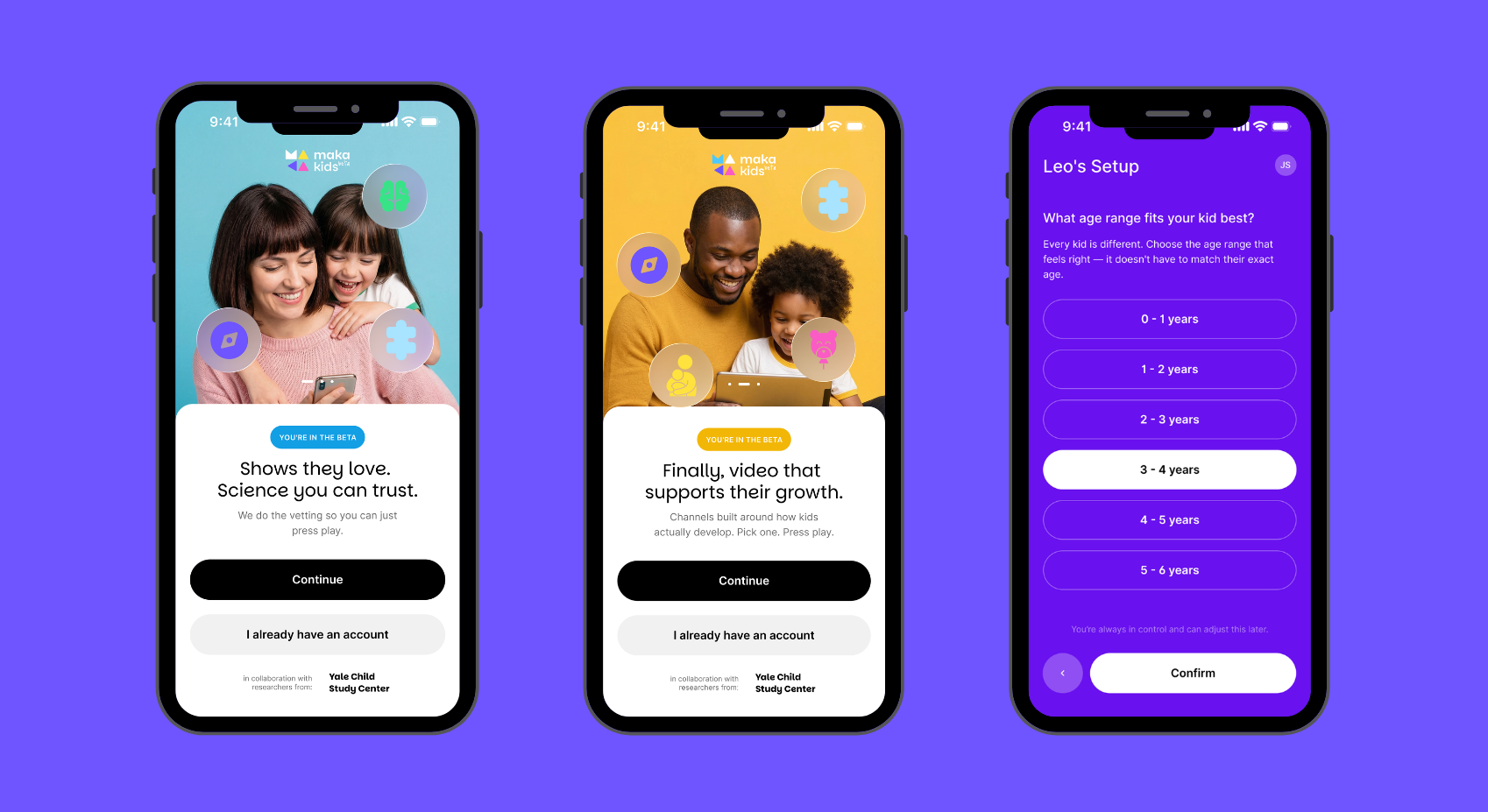 Image of three phone screens featuring elements of the Maka Kids app