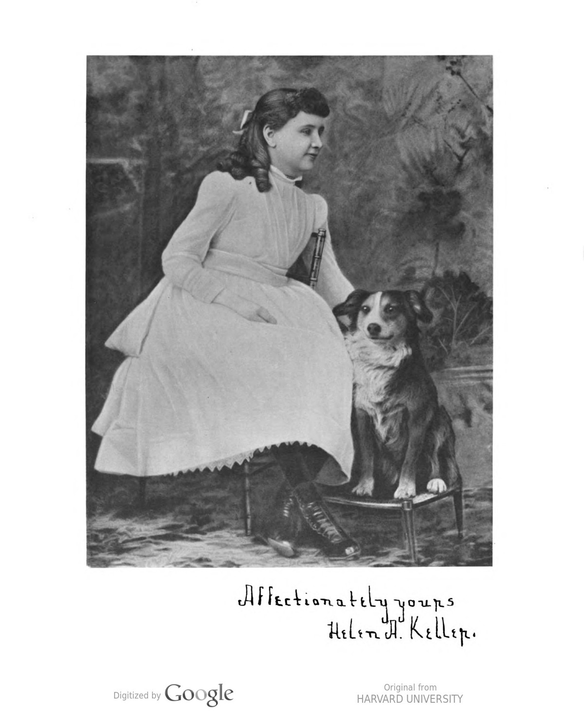 The cover of Hellen Keller's book "Affectionately yours" featuring a photo of her with a dog