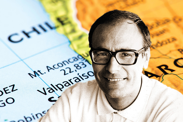 Ernesto Schiefelbein superimposed over a map of Chile