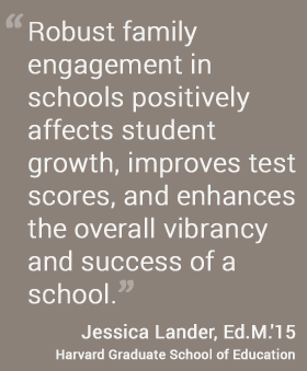 Robust family  engagement in schools positively  affects student growth, improves test scores, and enhances the overall vibrancy and success of a school. - Jessica Lander EdM '15 #hgse #usableknowledge @harvardeducation