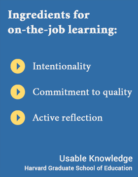 Ingredients for on-the-job learning:  Intentionality, Commitment to quality, Active reflection