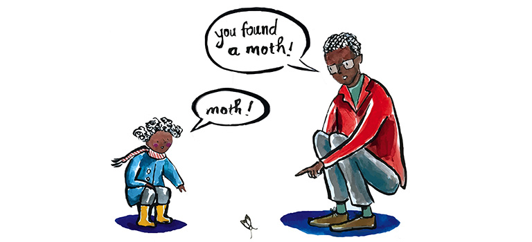 Drawing of a little girl and father talking about the moth