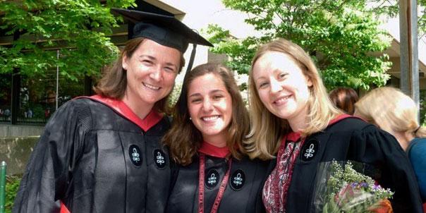 L-r: Catie Corbin, Ed.M.'10; Laura Kavazanjian, Ed.M.'10; and Shannon Gavin, Ed.M.'10, at HGSE commencement. (Photo courtesy of Kat Deutsch.)