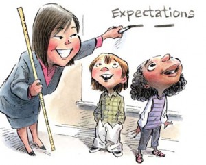 Cartoon illustration of teacher measuring students and expectations