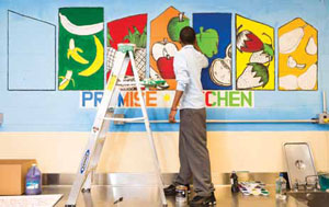 Student promoting the farmer's market