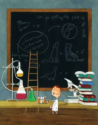 Illustration of child scientist doing calculations
