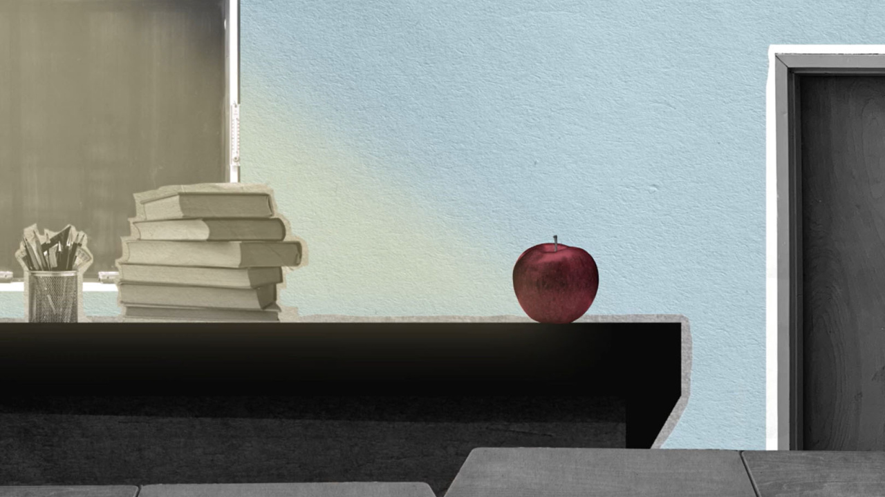 Illustration of an apple and books on a desk in a classroom